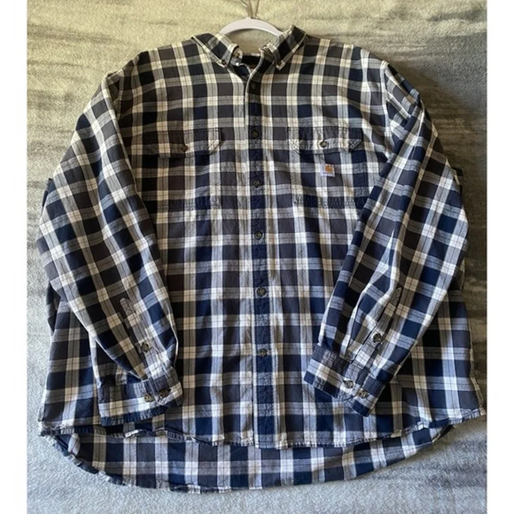 Carhartt Mens 3XL Loose‎ Fit Plaid Button Down Work Shirt Navy Blue 104910 126